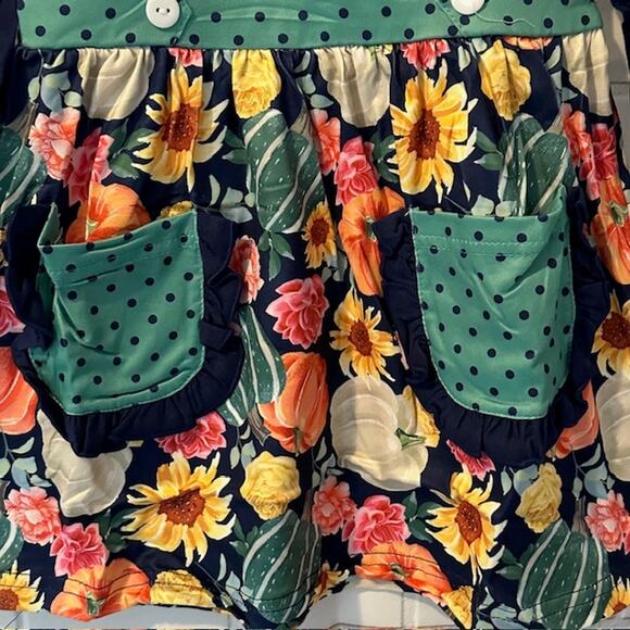 Toddler Girls 2T (S) Okie & Lou Blue Green Floral Pumpkins Harvest Dress - Picture 3 of 8